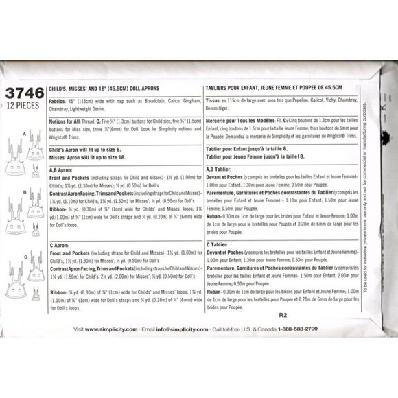 Simplicity 3746 Misses, Girls and 18 inch Doll Aprons OS Uncut Sewing Pattern - Picture 2 of 2